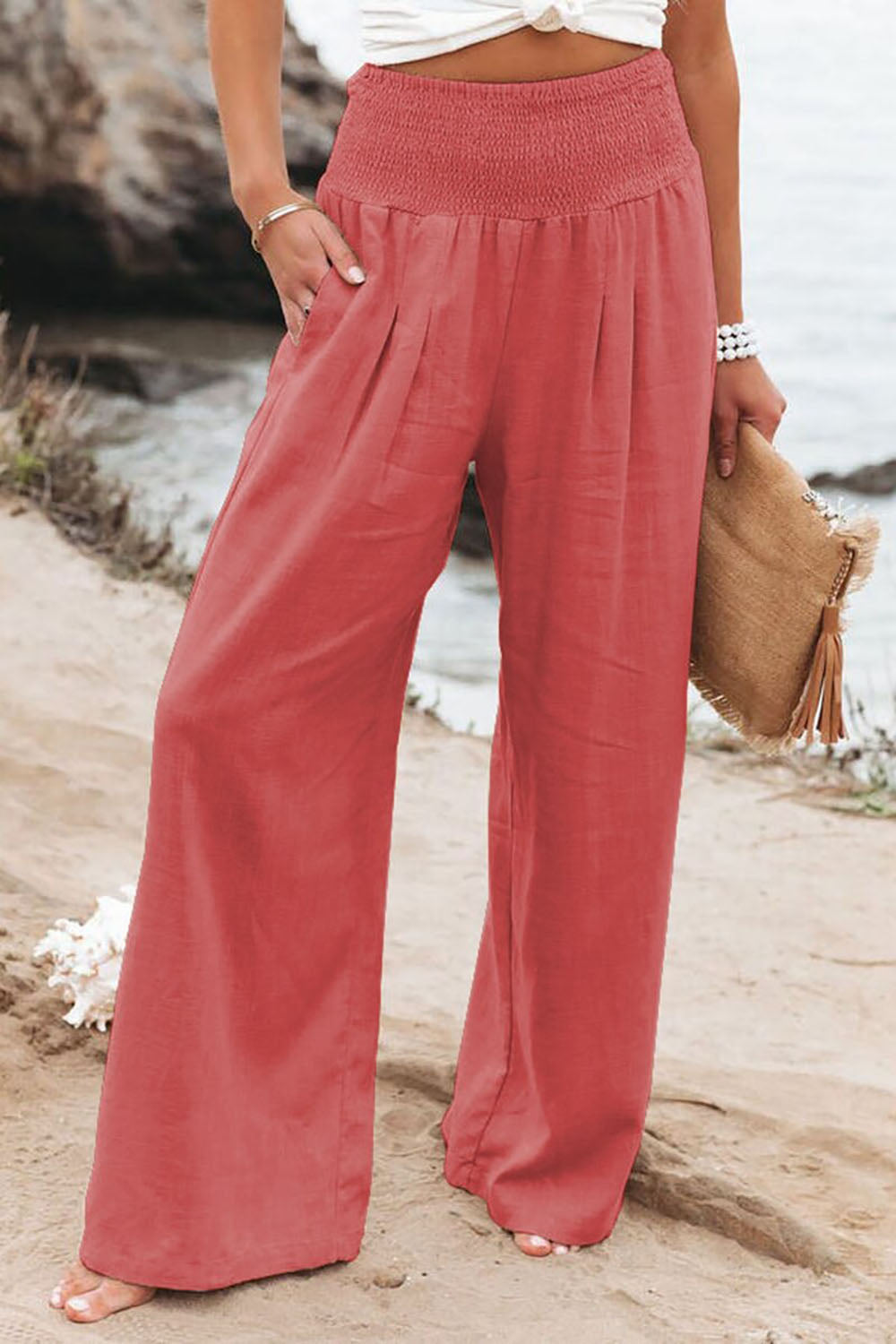 Pantalon en lin femme été – Taille élastique et coupe large fluide