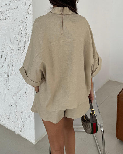 Ensemble décontracté deux pièces pour femme – chemise manches courtes et short, léger, respirant, coupe décontractée pour vacances