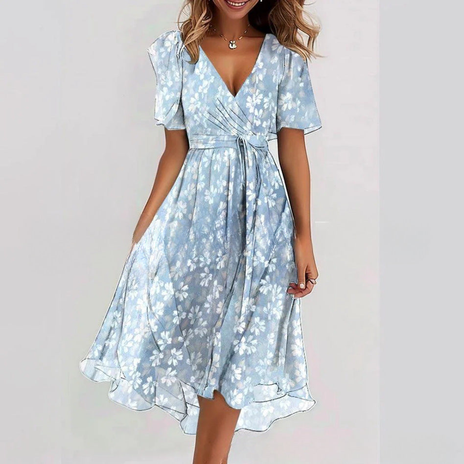Robe Midi Femme Cache-Cœur à Fleurs – Style A-Line à Manches Courtes