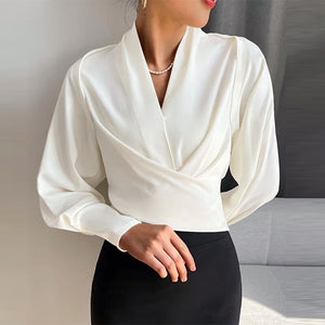Blusa cruzada elegante con cuello en V para mujer – mangas largas abullonadas