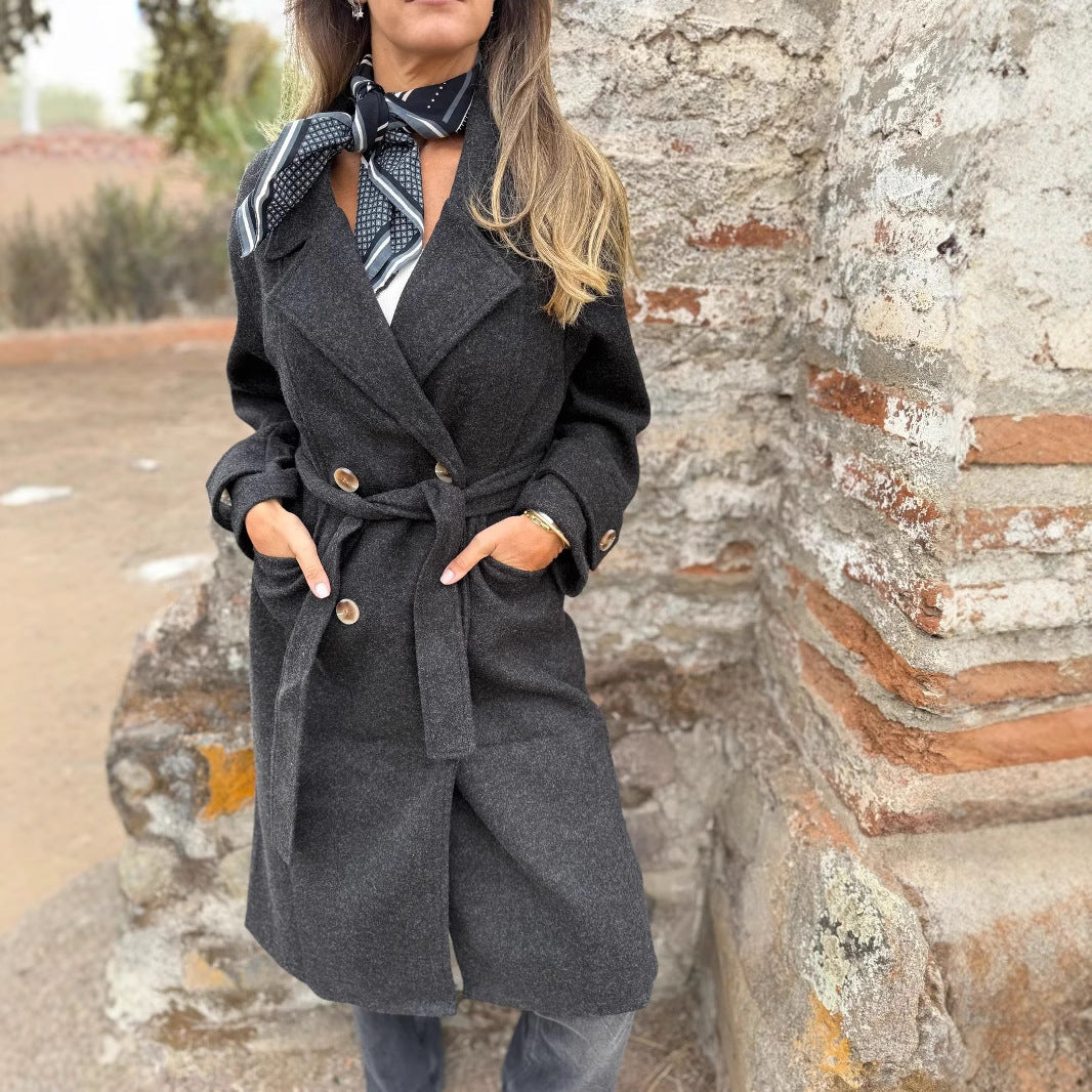 Cardigan-cappotto da donna con lacci – Giacca casual a maniche lunghe in misto lana, con revers e tasche