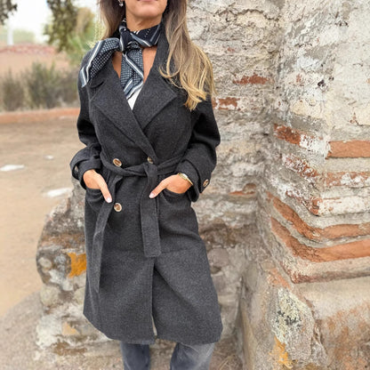 Cardigan-cappotto da donna con lacci – Giacca casual a maniche lunghe in misto lana, con revers e tasche
