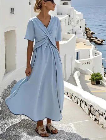 Robe d'été à rayures abstraites pour femme – Col en V, manches courtes, coupe trapèze évasée