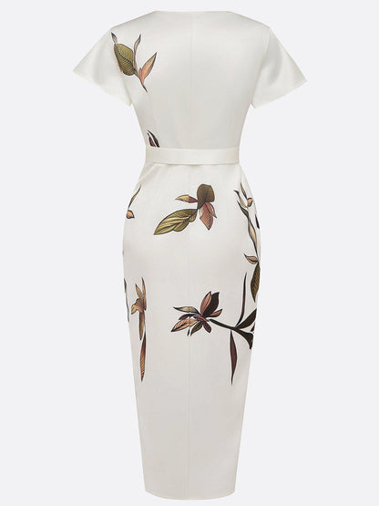 Robe Midi Portefeuille Élégante en Satin Femme – Imprimé Floral Manches Courtes