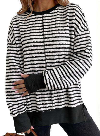 Striped women's sweater with side slits - Casual and soft