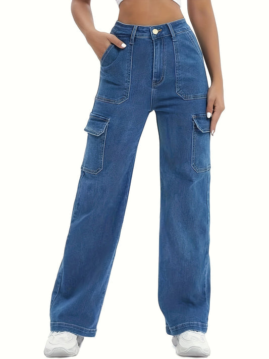 Pantalon cargo en jean taille haute pour femme – Jean décontracté à jambe large