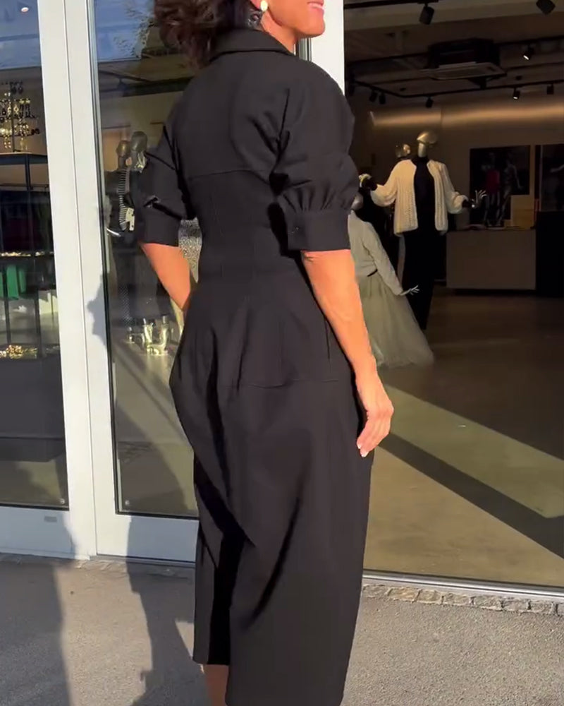 Robe Midi Femme à Col et Décolleté V – Coupe Élégante et Décontractée avec Poches pour un Confort Quotidien