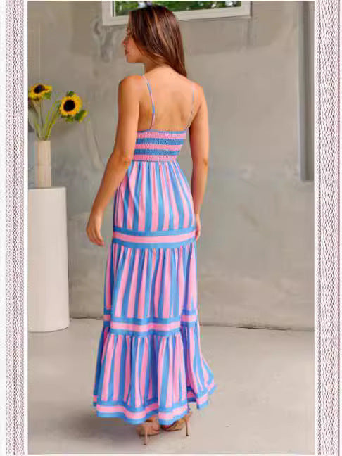 Robe longue d'été à rayures élégantes – Bretelles fines