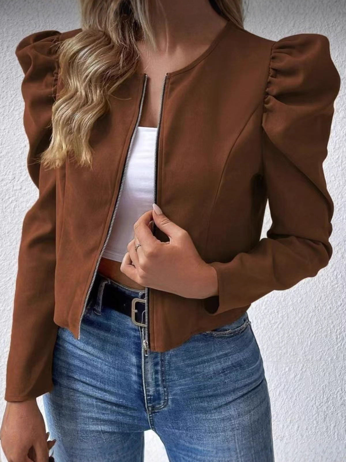 Cardigan da donna - Scollo rotondo, chiusura con cerniera e maniche a sbuffo