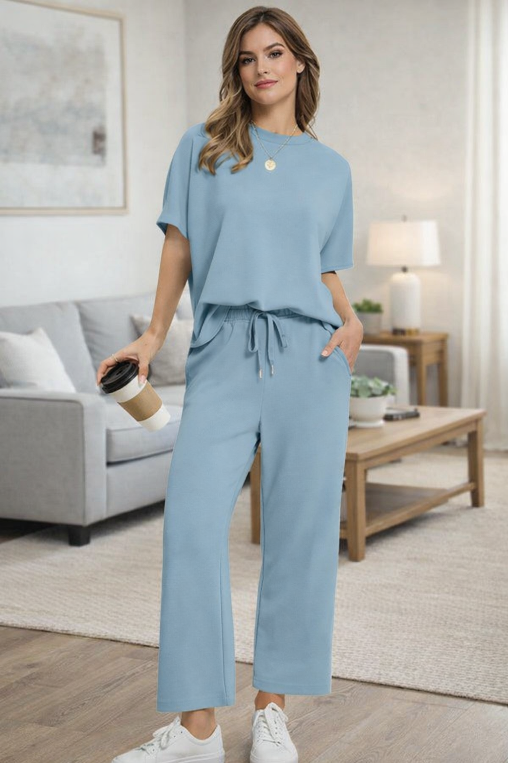 Ensemble Lounge Décontracté Moderne Femme Élégant – Confort Deux-Pièces en Tricot Nid d’Abeille