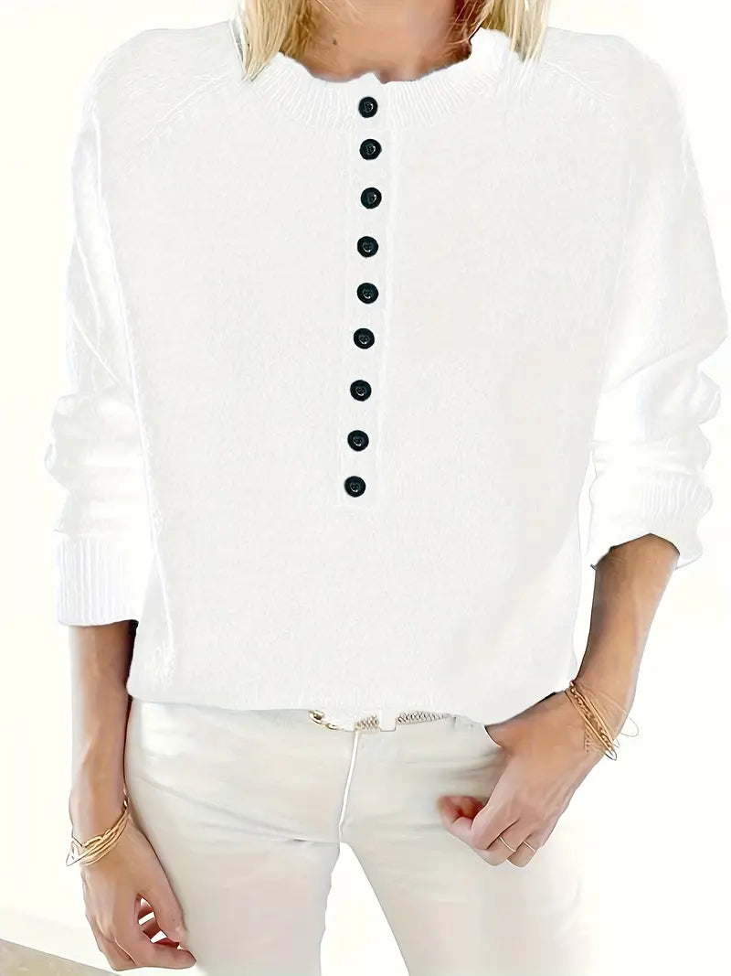 Women's crew-neck sweater with buttons - Elegant and comfortable