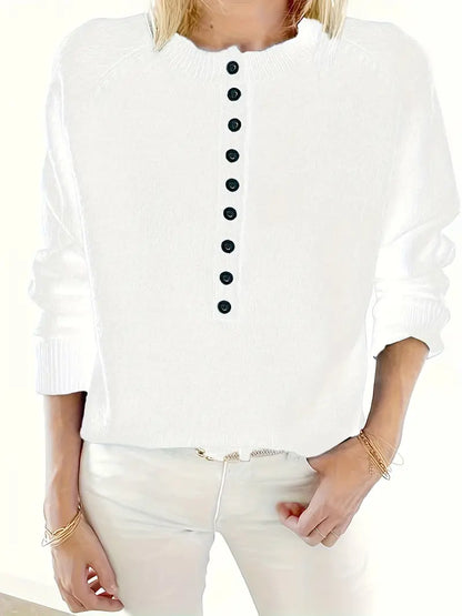 Women's crew-neck sweater with buttons - Elegant and comfortable