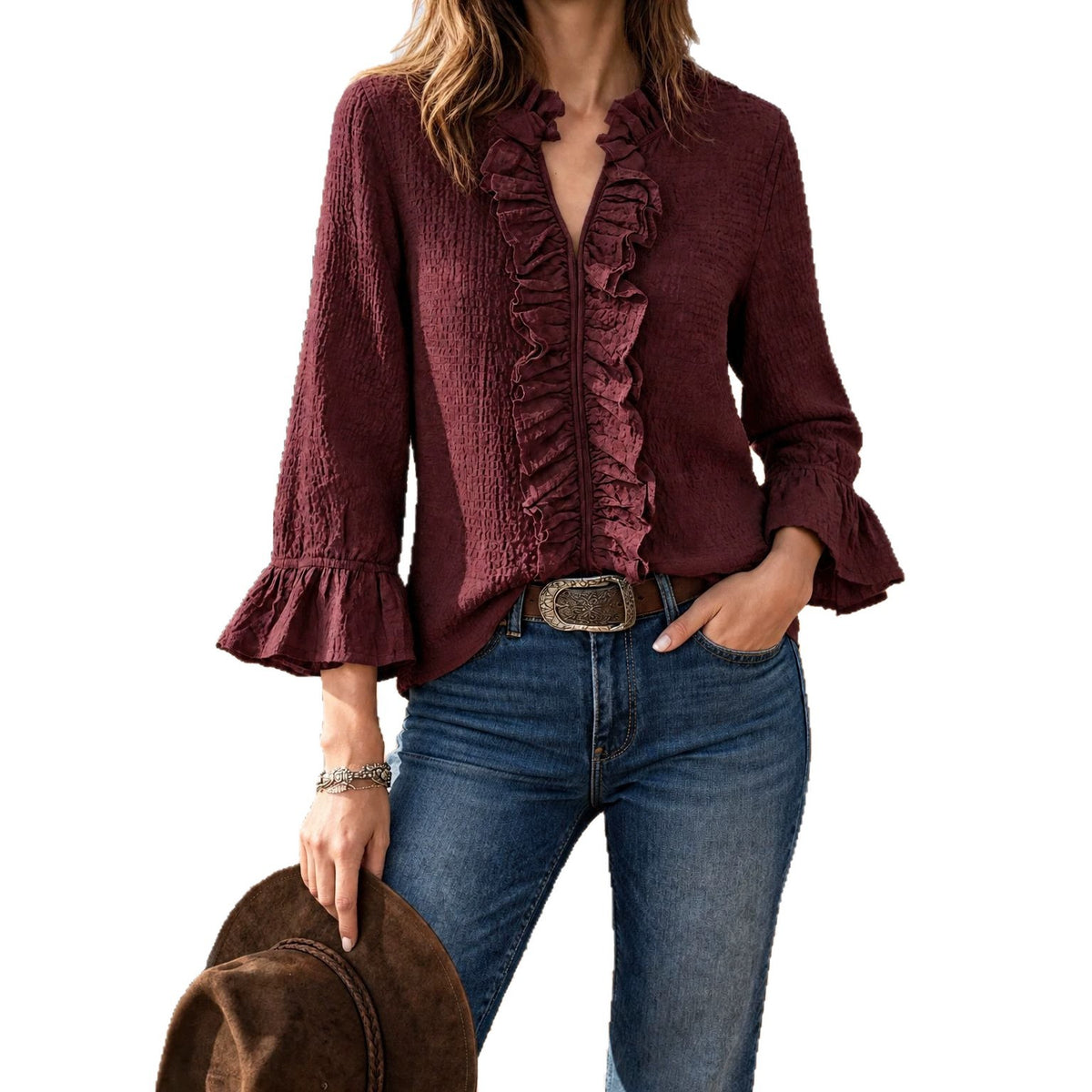 Women's ruffled V-neck top - Casual and feminine
