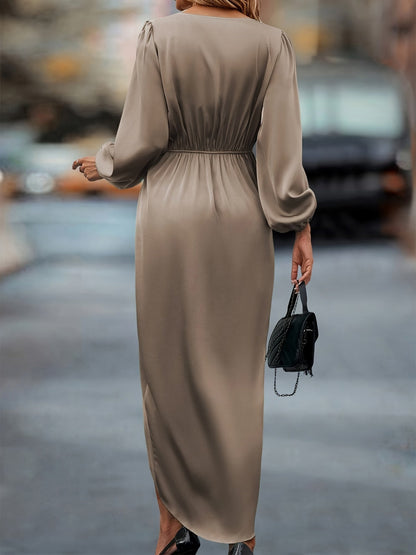 Robe élégante en satin à manches ballon et ourlet asymétrique pour femme – Robe de soirée fluide mi-longue flatteuse invitée