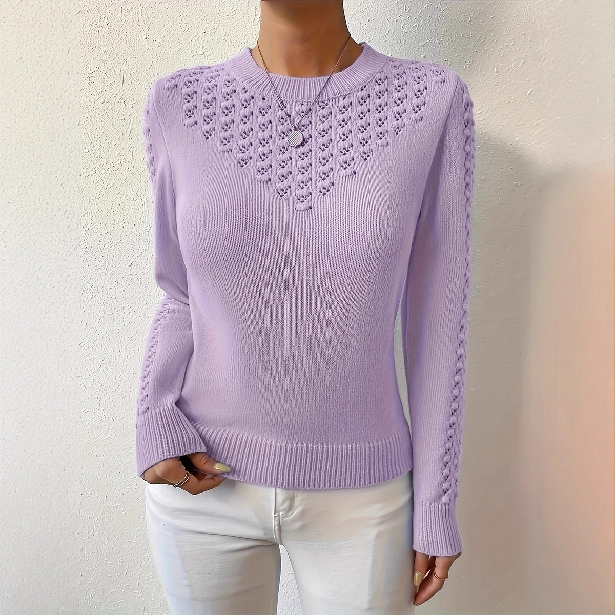 Women's openwork crew-neck sweater - Soft and elegant