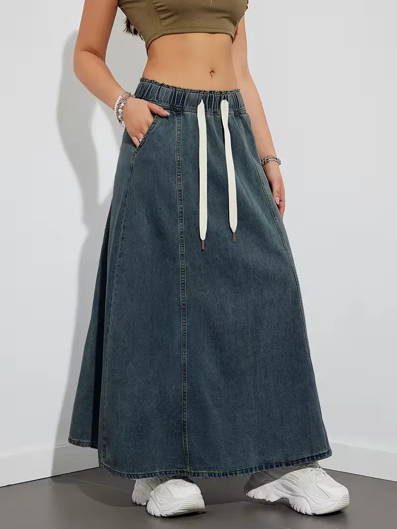 Women's maxi denim skirt with elastic waistband - Comfortable and practical