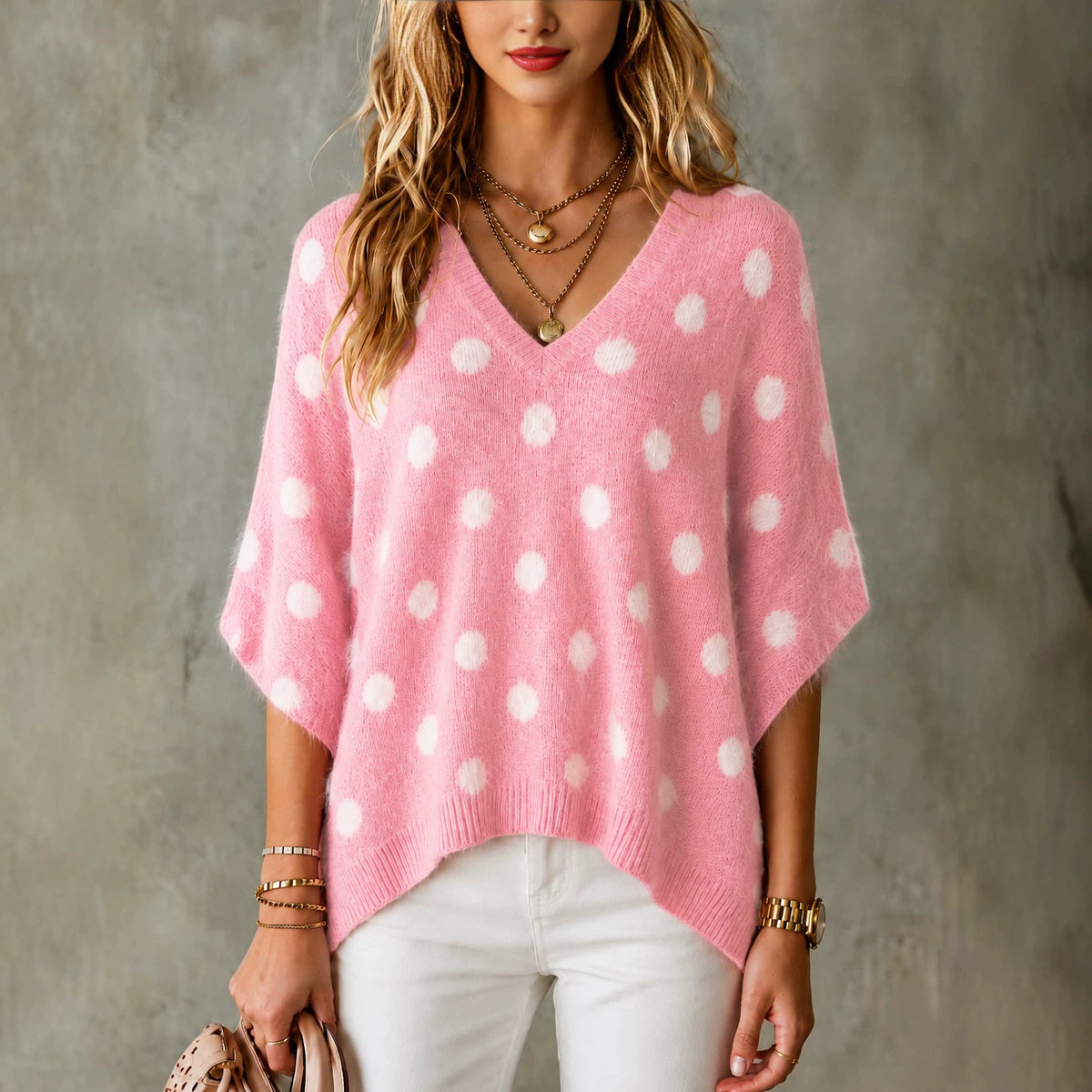 Top da donna in maglia a pois con scollo a V - Leggero e originale