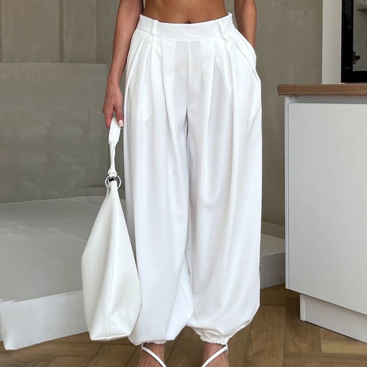 Pantalon femme blanc taille haute coupe ample