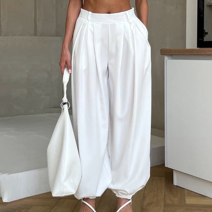 Pantalon femme blanc taille haute coupe ample
