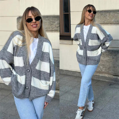 Women's striped cardigan - V-neck and long sleeves