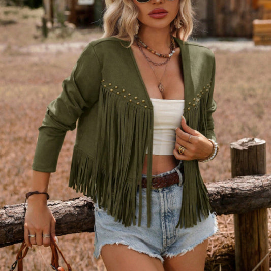 Veste femme rétro style ethnique à franges