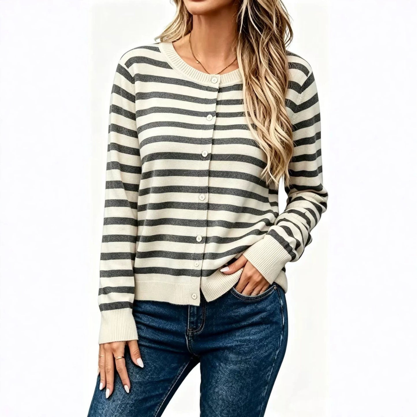 Cardigan da donna in maglia a righe con maniche lunghe – Vestibilità ampia, stile casual e confortevole
