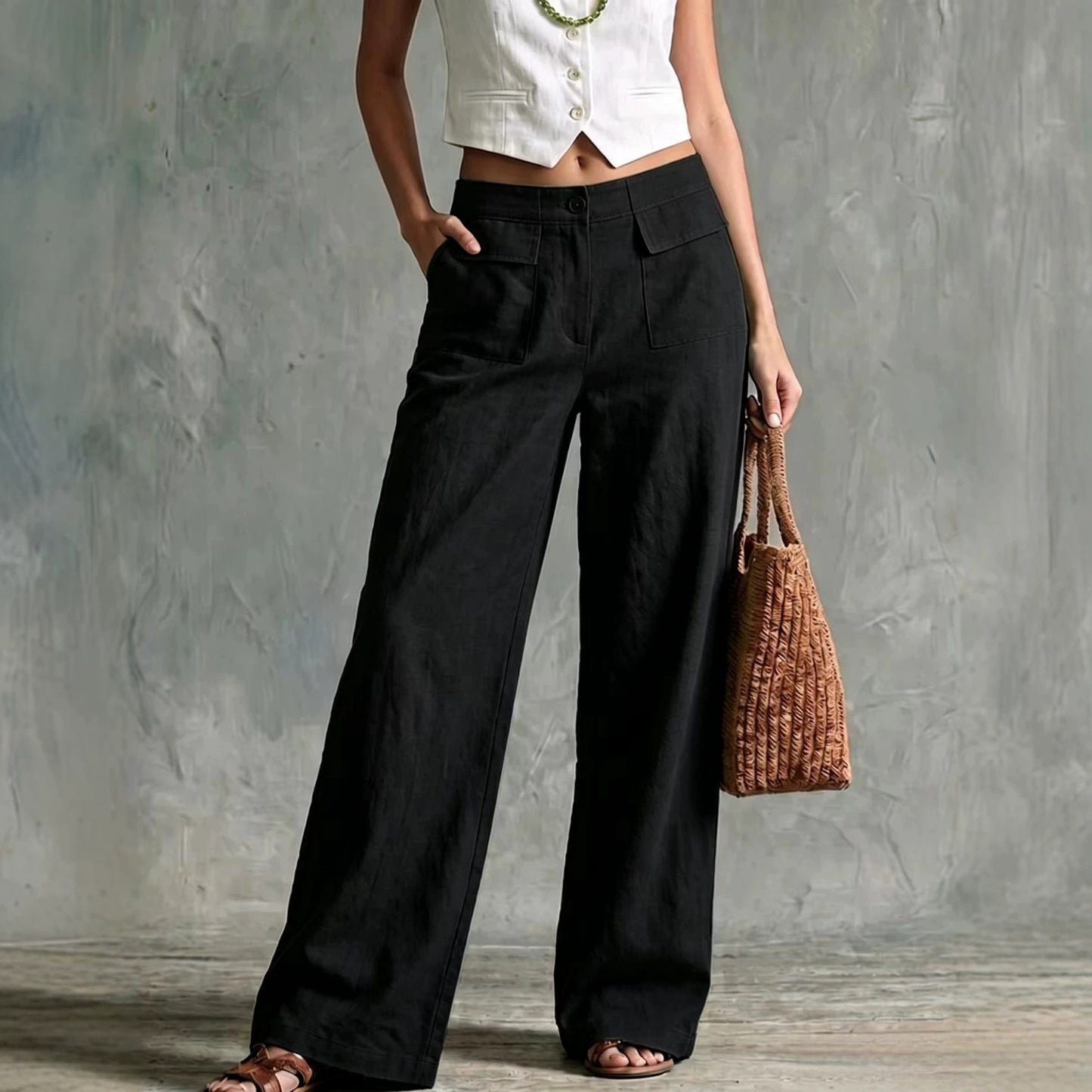 Pantalon femme uni ample a taille elastique decontractee
