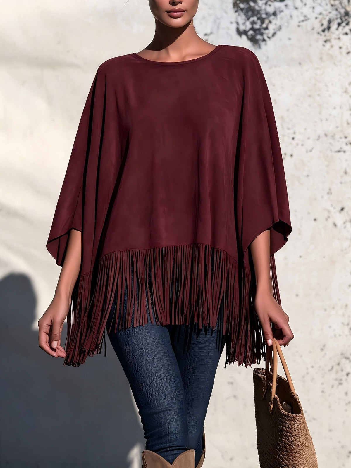Chemisier femme ample col rond a franges - Fluide et original