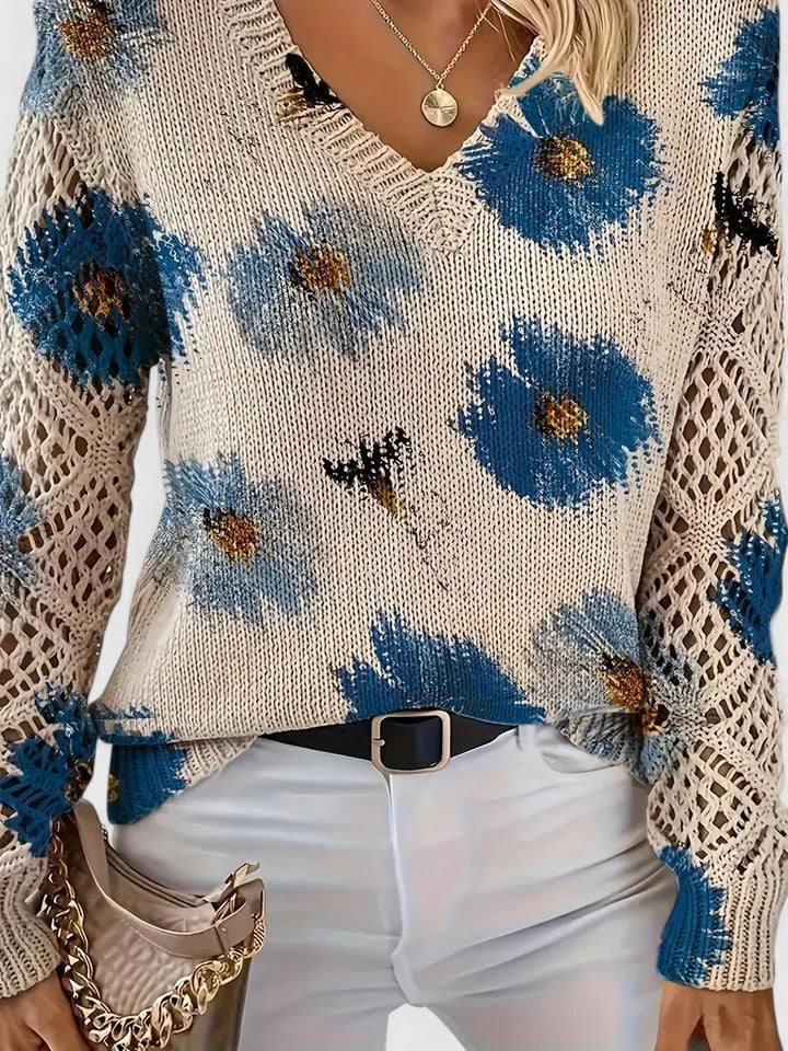 Pull Femme à Col V Tricoté à Fleurs – Pull Moderne Élégant