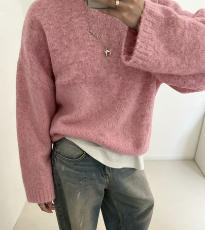 Loose-fit women's solid-color knitted sweater – Soft and easy to wear