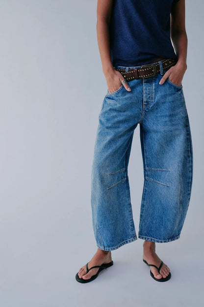 Jean Barrel Large Jambe Large Taille Moyenne Stretch Femme – Denim Décontracté Baggy