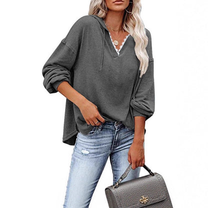 Sudadera de mujer con capucha, cuello en V de encaje y mangas largas