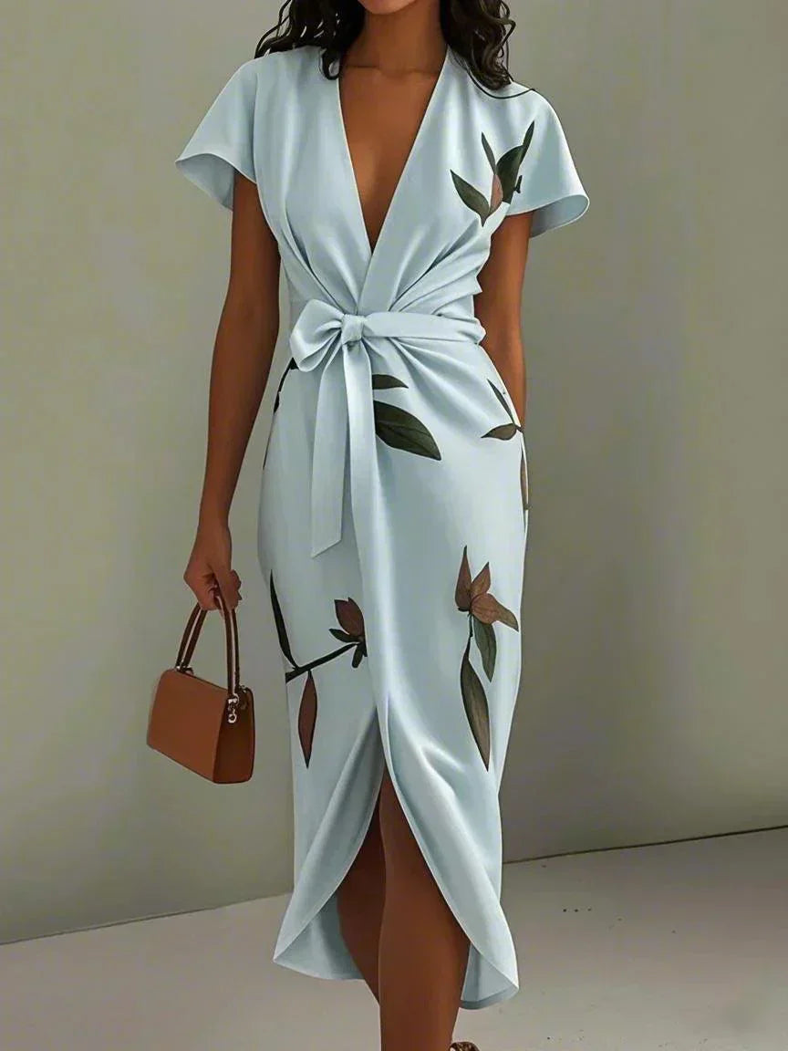 Robe Midi Portefeuille Élégante en Satin Femme – Imprimé Floral Manches Courtes