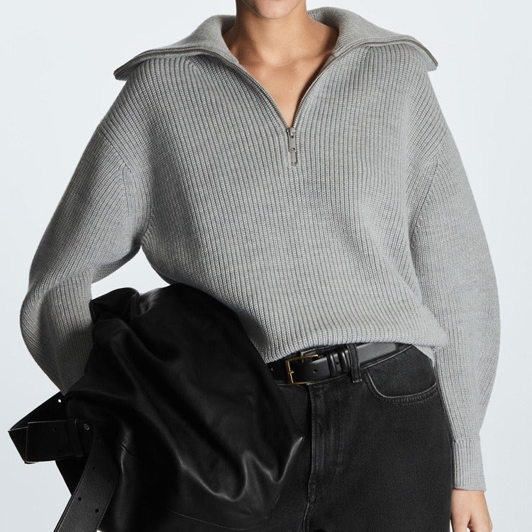 Women's Striped Half-Zip Sweater – Long Sleeves, Casual and Comfortable Style for Fall and Winter