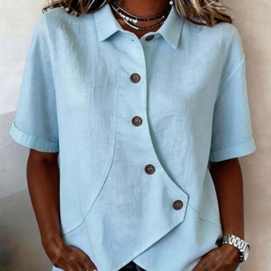 Chemisier femme uni à boutonnage asymétrique manches courtes