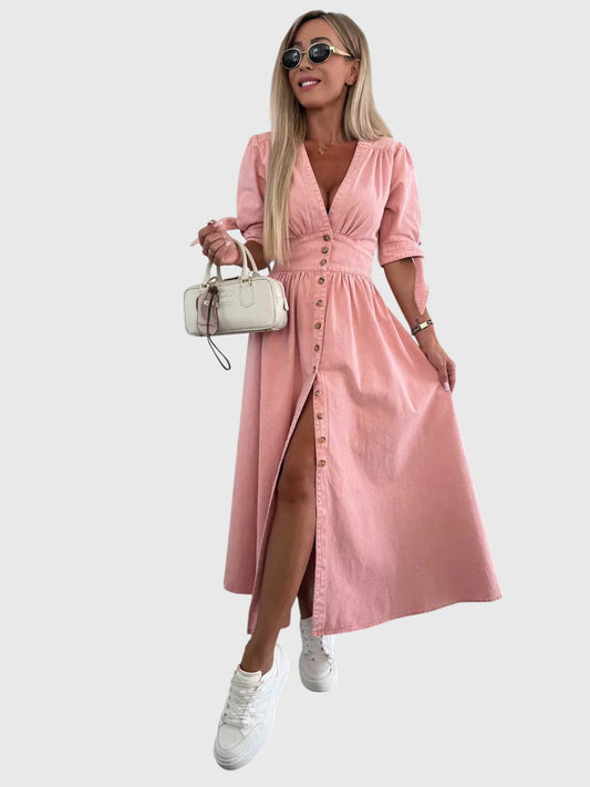 Robe Maxi Denim Élégante Col V – Robe A-Line Boutonnée Stylée