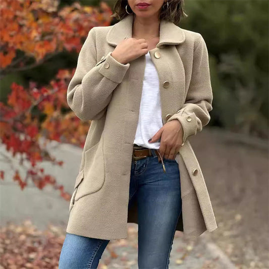 Manteau Long Élégant en Mélange de Laine – Manteau d’Hiver Classique à Revers