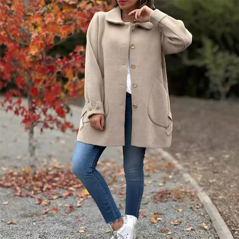 Manteau Long Élégant en Mélange de Laine – Manteau d’Hiver Classique à Revers