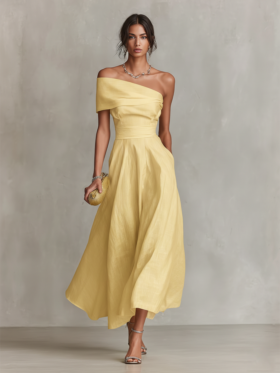 Robe en lin jaune asymetrique femme - Elegante et estivale