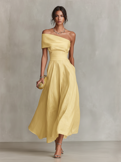 Robe en lin jaune asymetrique femme - Elegante et estivale
