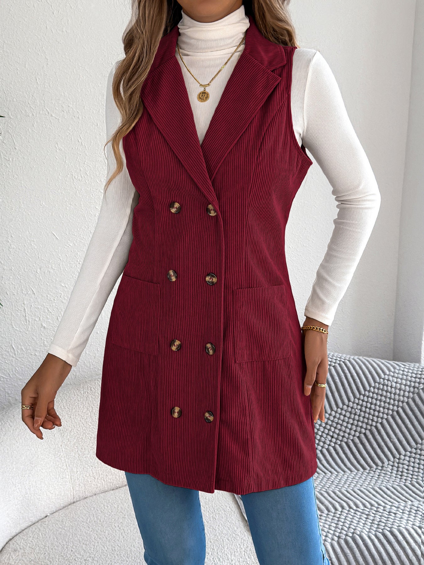 Veste-gilet longue en velours côtelé unie pour femme – Modèle décontracté à double boutonnage et poches, idéal pour jouer les superpositions