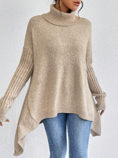 Pull Col Roulé Irrégulier pour Femmes – Pull Tricoté Ample à Manches Longues