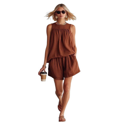 Ensemble femme retro top plisse sans manches et short large - Elegant et estival