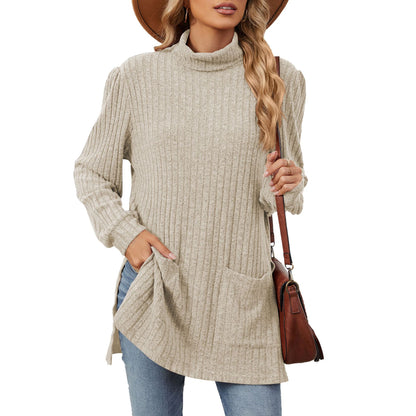 Women's turtleneck T-shirt with slits - Loose-fitting and practical
