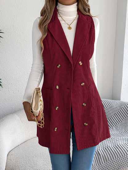 Veste-gilet longue en velours côtelé unie pour femme – Modèle décontracté à double boutonnage et poches, idéal pour jouer les superpositions