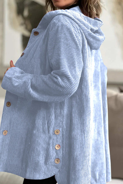 Veste Femme Élégante en Velours Côtelé à Capuche – Pull Boutonné Mi-Long Décontracté