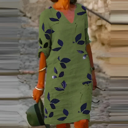 Robe Midi Florale Élégante Femme – Coupe Décontractée Col V pour l’Été