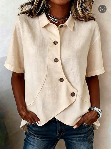 Camicia da donna tinta unita con chiusura asimmetrica e maniche corte