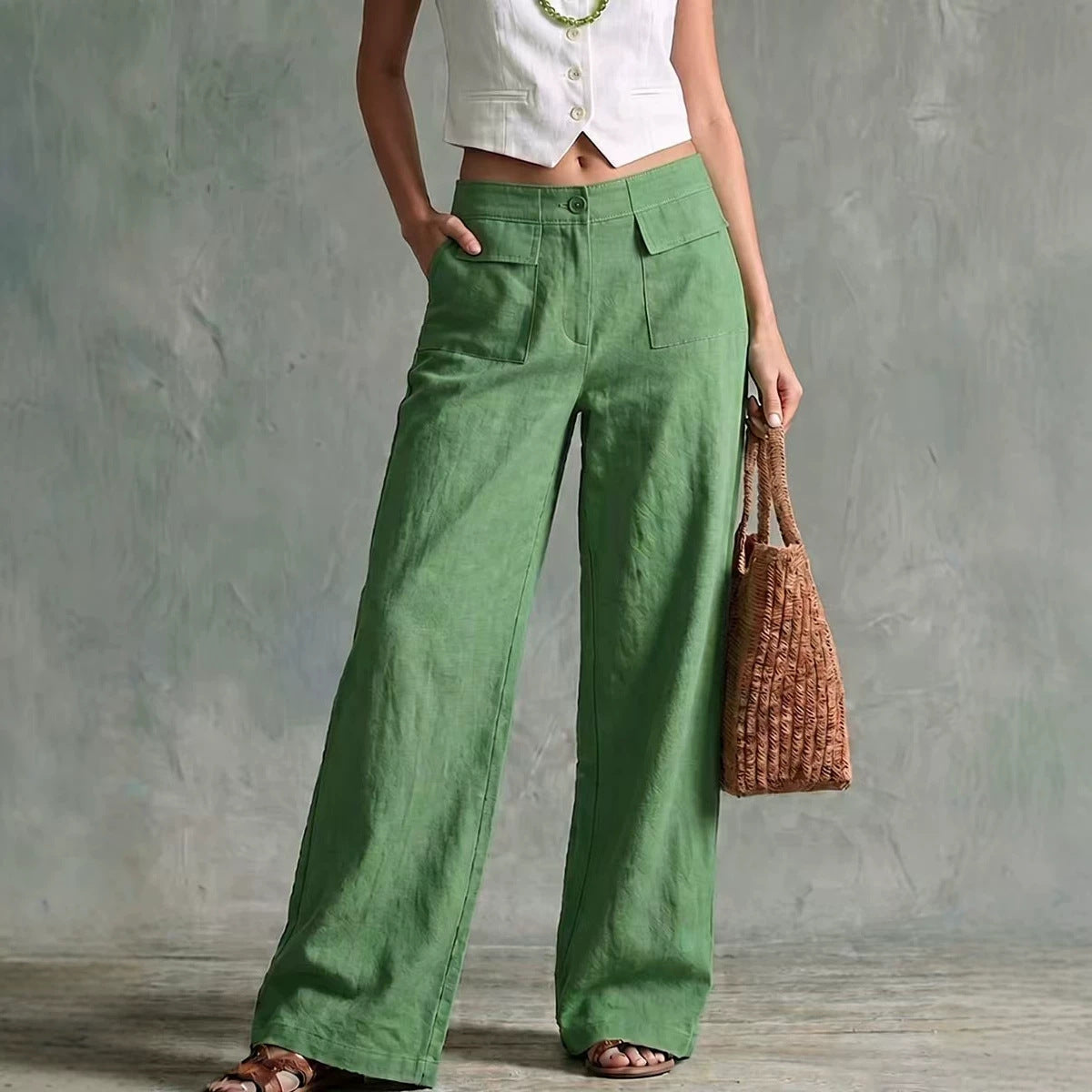 Pantalon femme uni ample a taille elastique decontractee