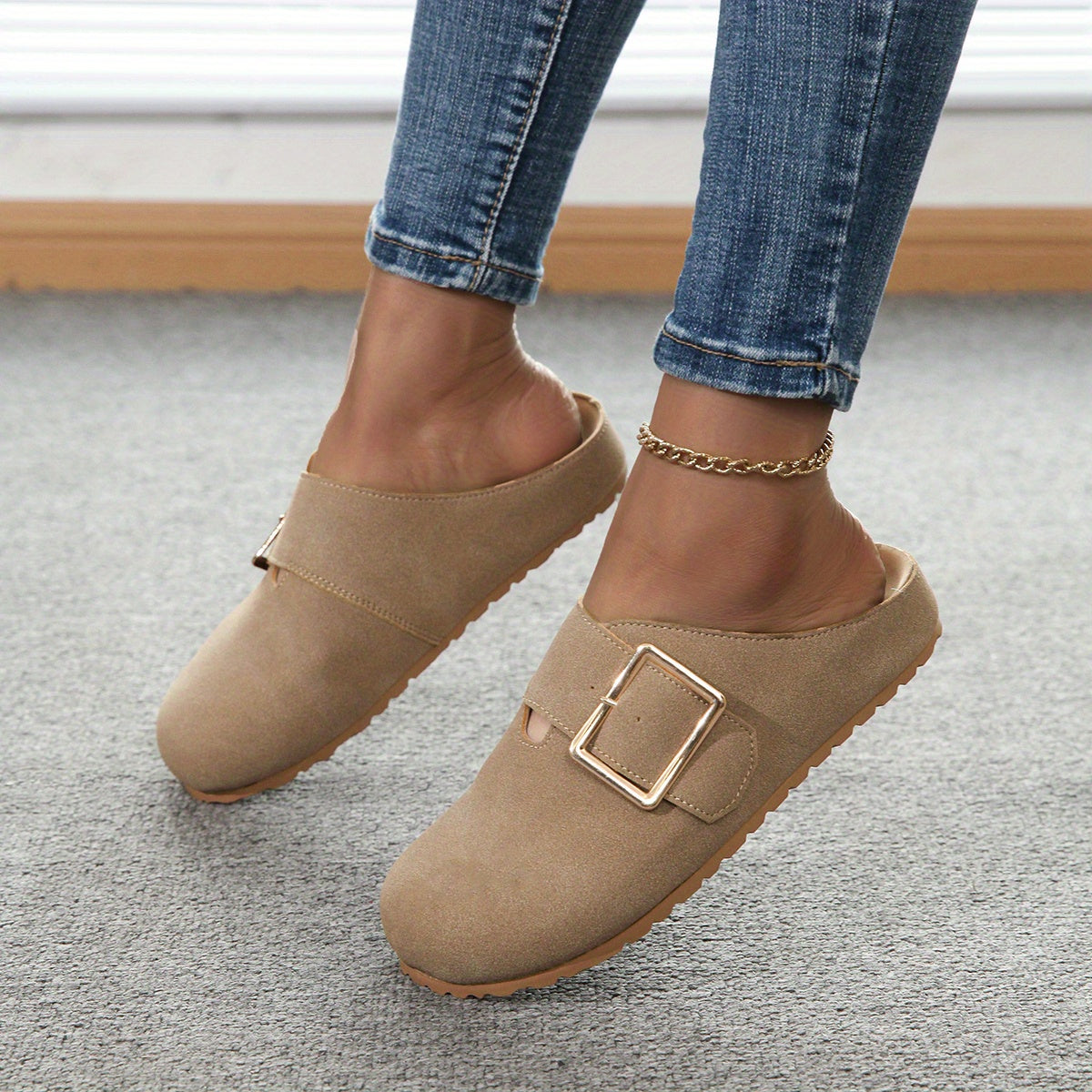 Mules à enfiler pour femmes - Tige en tissu confortable avec sangle à boucle métallique, semelle intérieure en PU doux et semelle en PVC durable - Chaussures décontractées toutes saisons, faciles à nettoyer, chaussure élégante | Confort garanti